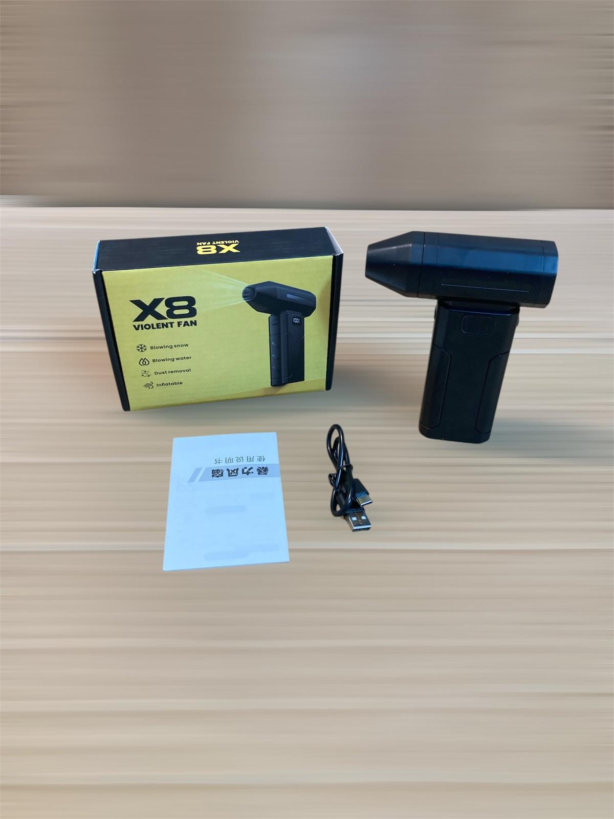 X8 Violent Fan retail box with unit and USB-C cable